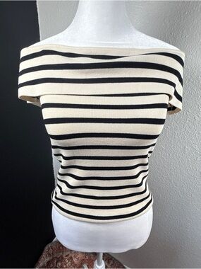 Zara Cream and Black Off-the-Shoulder Striped Sweater